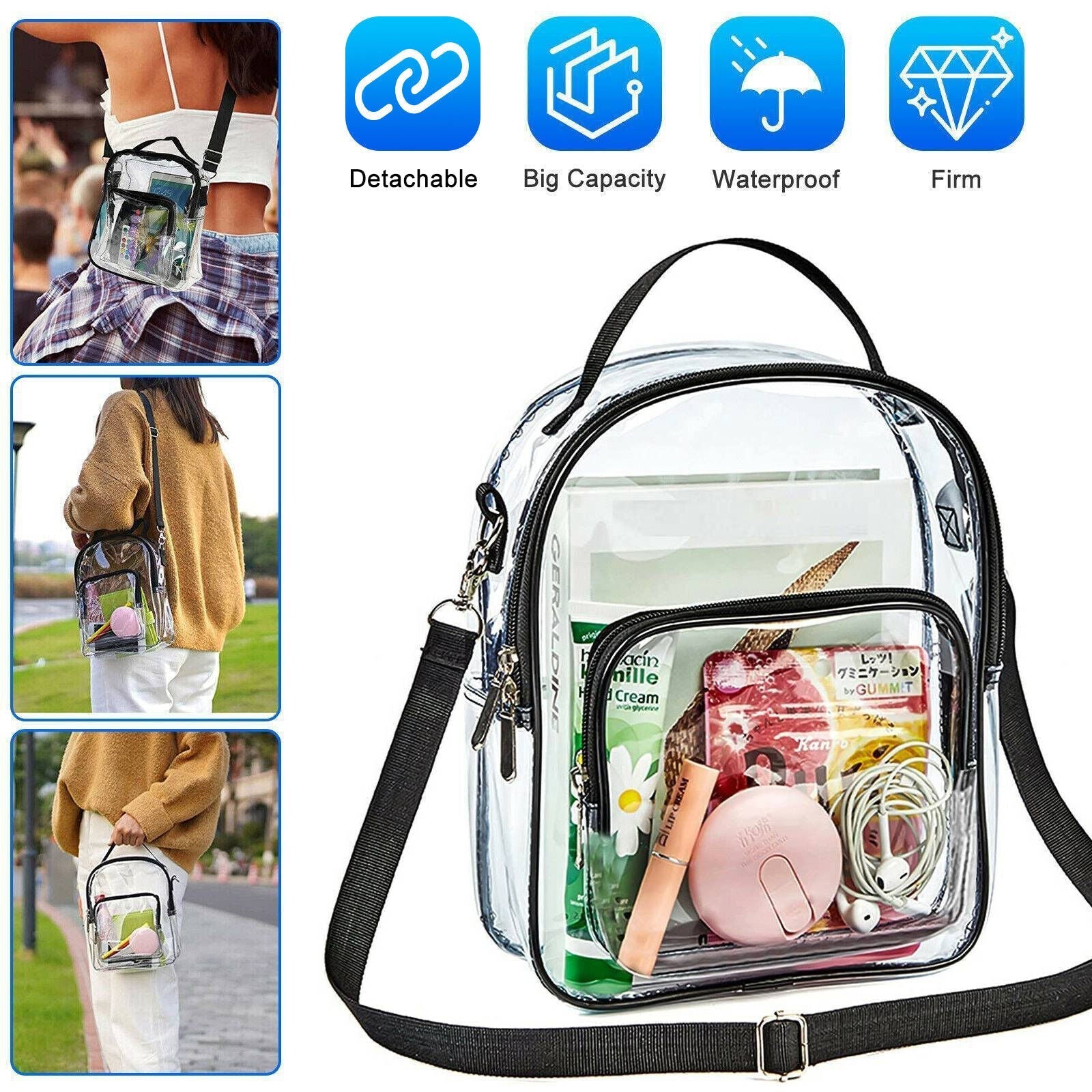 Clear PVC Tote Crossbody Bag Women Transparent Purse Stadium Shoulder Handbag 24Hr Smart